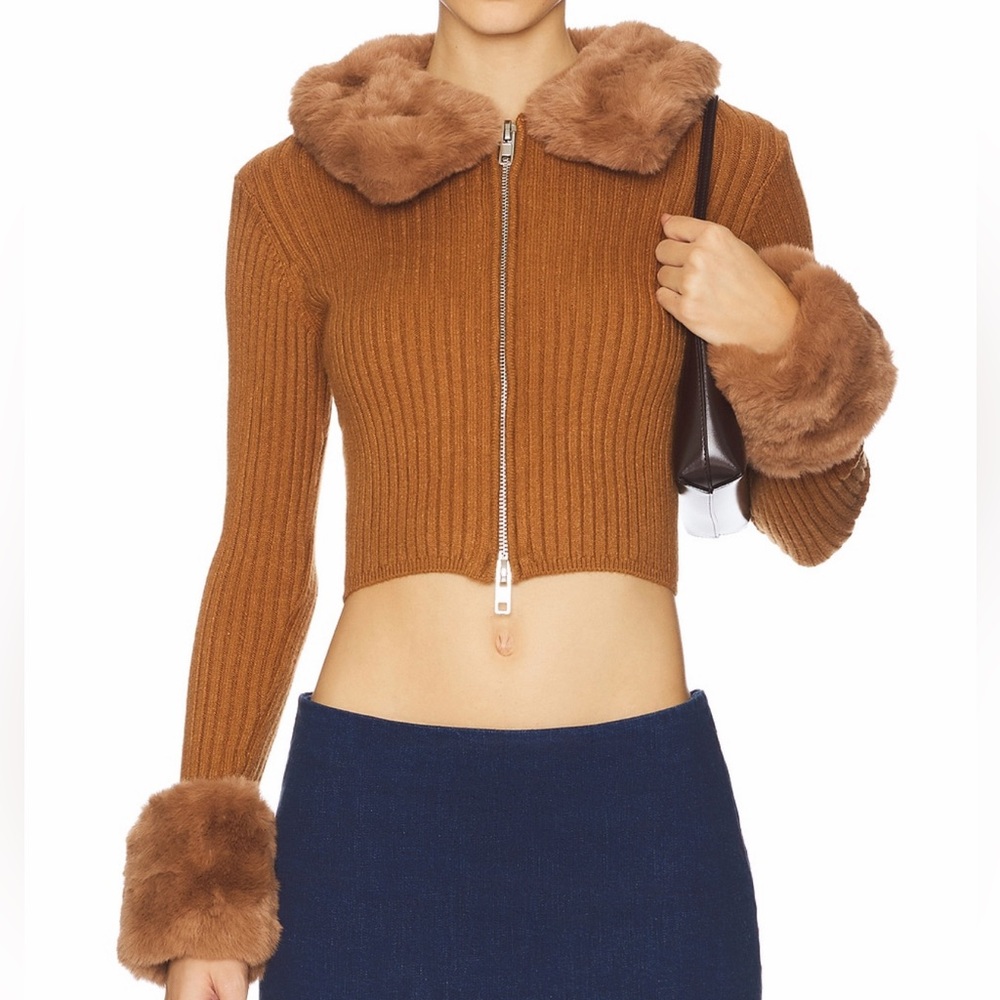 House of Sunny Y2K Peggy Faux Fur Trim Zip-Up Toffee Brown Sweater Size 2 NWT